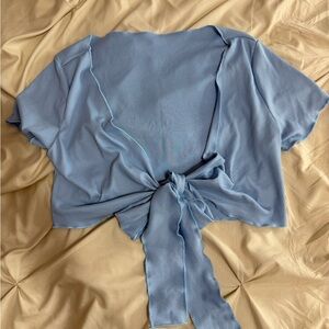 SHEIN Light Blue Ribbed Tie-Front Crop Top